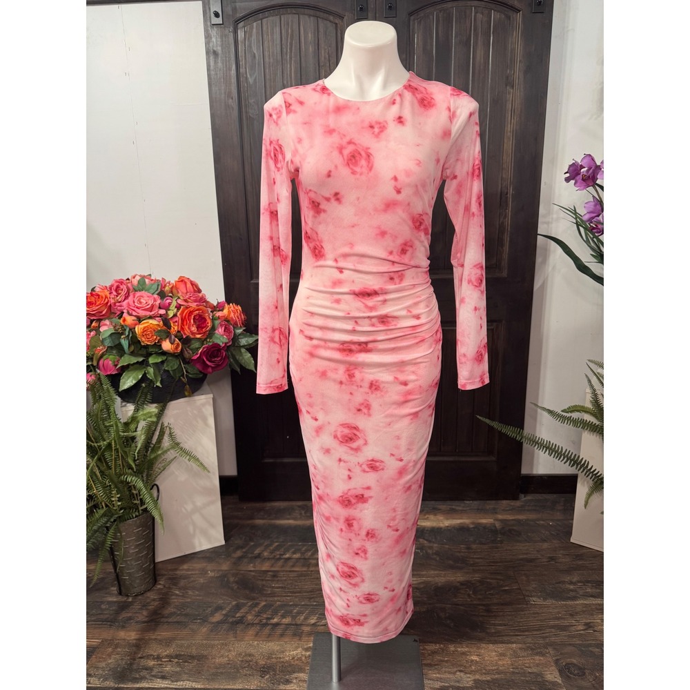 PrettyGarden Women Pink Rose Floral Mesh Ruched Long Sleeve Maxi Bodycon Dress M
